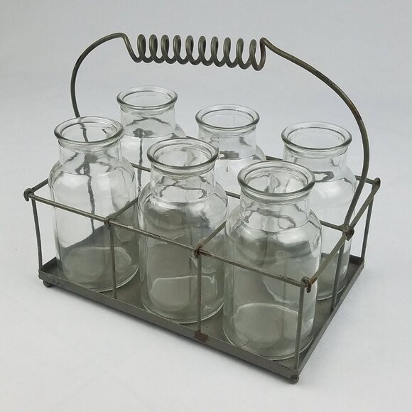 Vtg glass clear bottle holder carry rack metal rustic farmhouse 6 bottles home - Picture 1 of 3